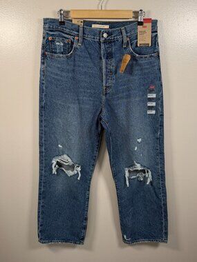 Levi's Ribcage Straight Ankle Jeans Size 32 Distressed Medium Wash Denim